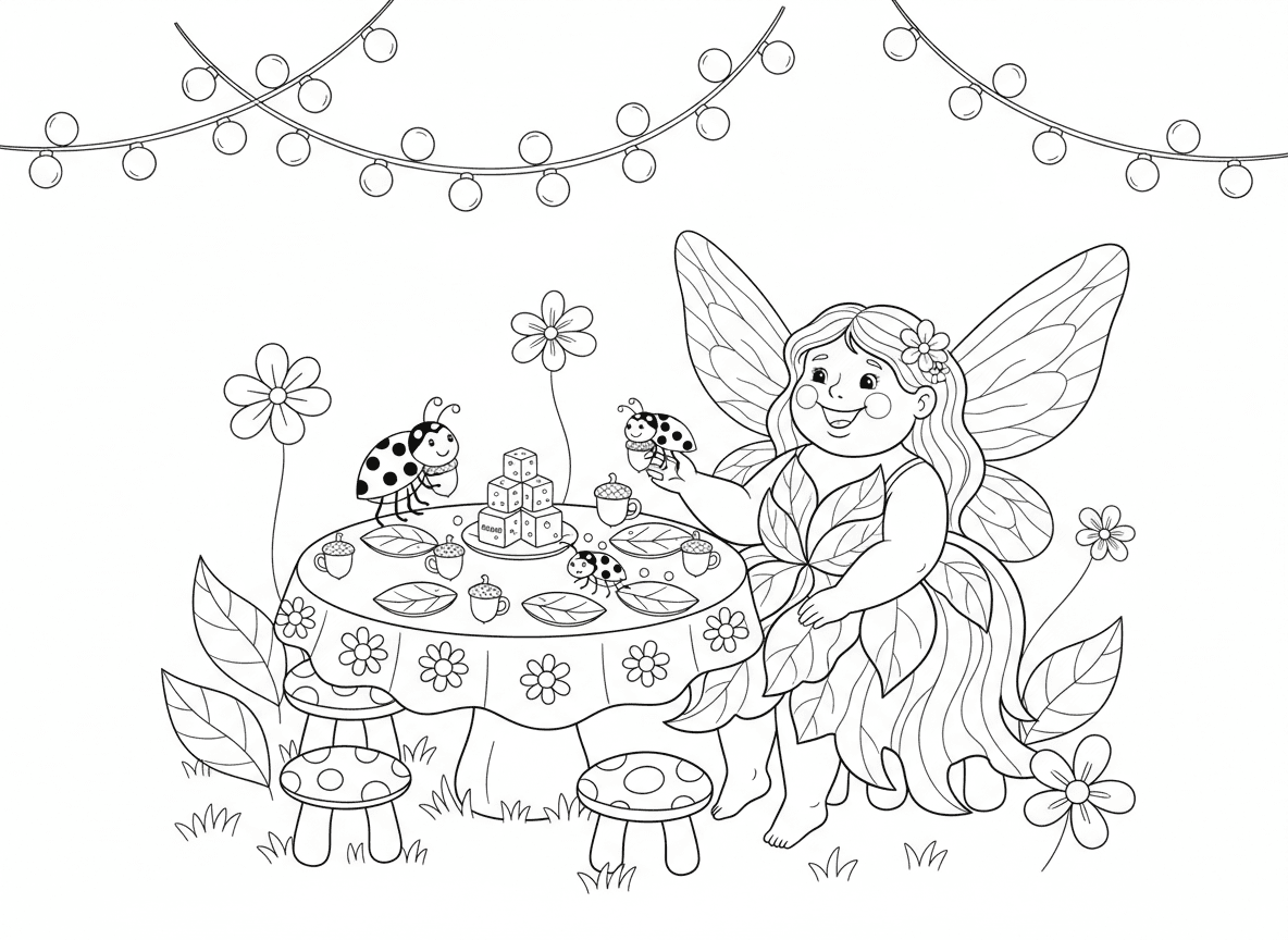 מסיבת תה של פייה עם חיפושיות - פייה מארחת מסיבת תה לחיפושיות חברות, צלחות עלים זעירות, כוסות בלוטים, קוביות סוכר טל, מפת שולחן חינניות, שולחן פטריות, כיסאות פטריות, אורות פיות