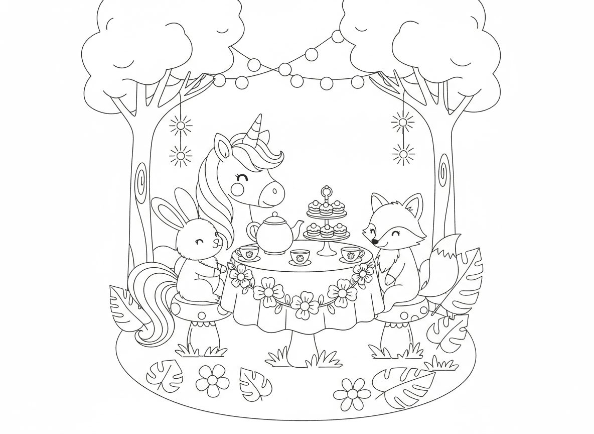 מסיבת תה של חד קרן עם חיות יער - חד קרן מארח מסיבת תה בפינת יער, ארנבון שועל וציפור כאורחים, שולחן זעיר עם עוגות, קומקום, זרי פרחים, מושבי פטריות, אורות פיות