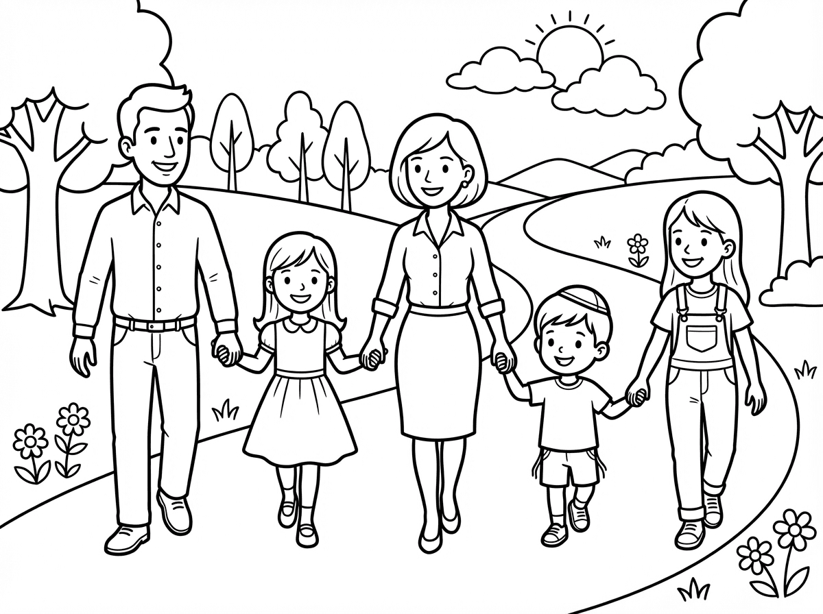 אוקי אז תיצור לי ציור של אבא אמא , ילדה בת עשר, ילדה בת שמונה , וילד בן ארבע עם כיפה, מטיילים בשביל ומחזיקים ידיים ומחייכים