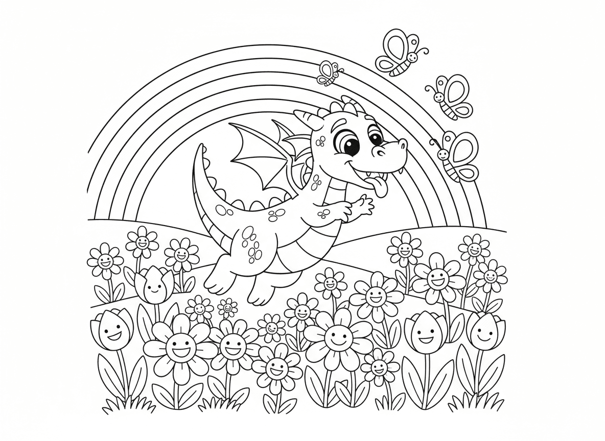 דרקון משחק עם פרפרים באחו - דרקון קטן ושובב רודף אחרי פרפרים צבעוניים באחו פרחים, קופץ בשמחה, לשון בחוץ, חינניות וצבעונים בכל מקום, קשת בענן בשמיים