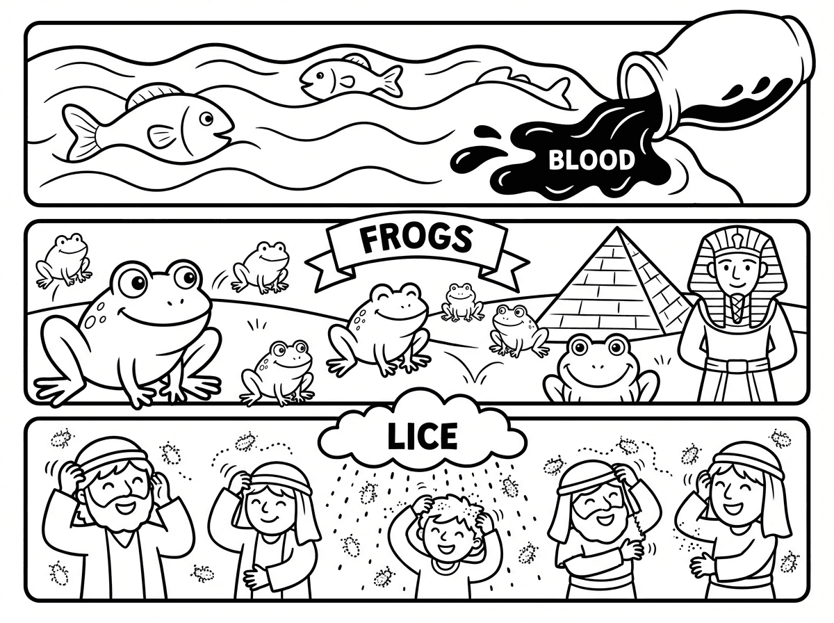 צור דף צביעה לילדים מחולק ל 3 
בכל חלק יהיה אחת ממכות מצרים.
דם, צפרדע וכינים