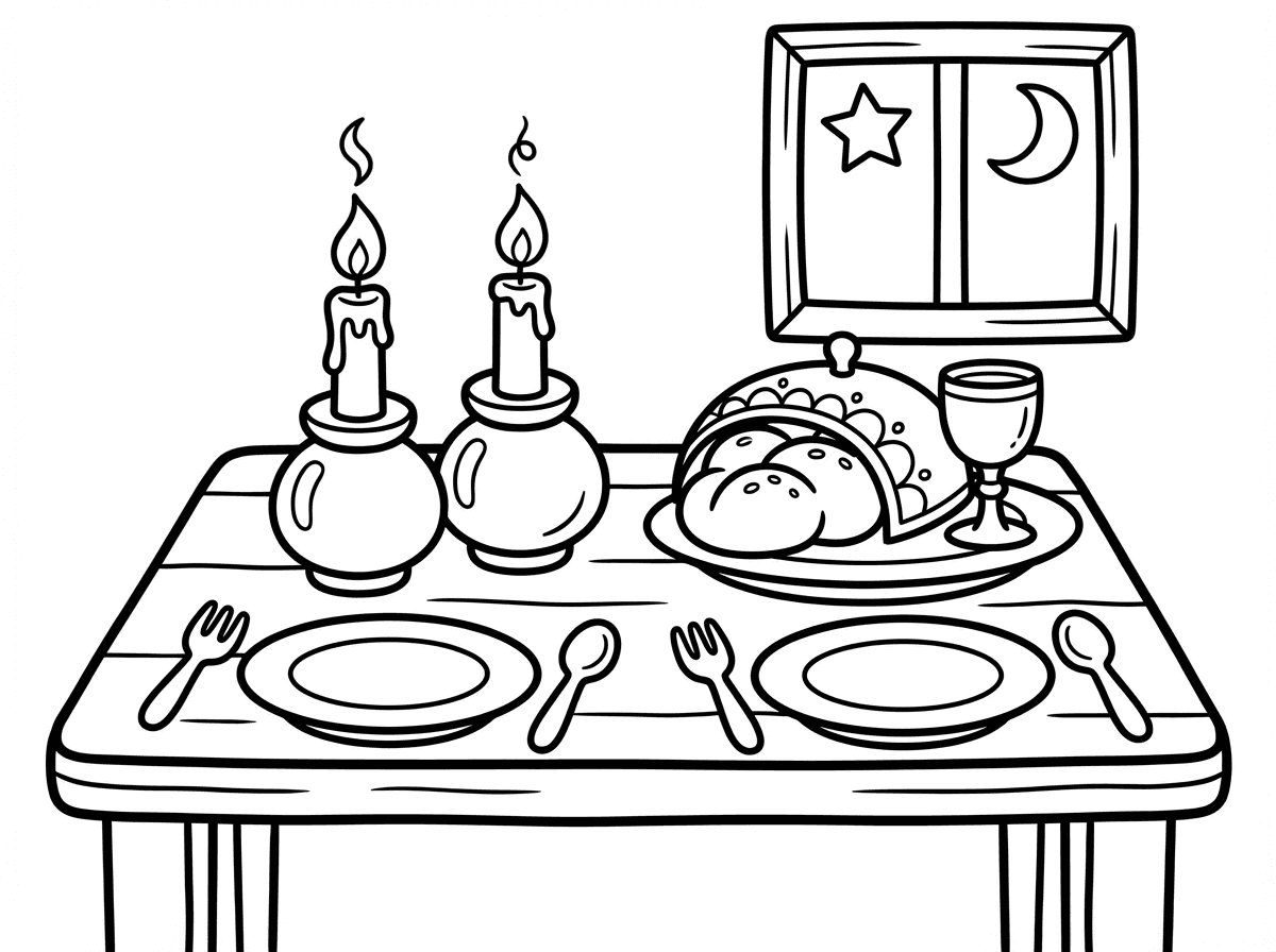 צור דף צביעה לקבלת שבת .עם אלמנטים של: 2 פמוטים עם נרות, שולחן ערוך .קווים נקיים .לצביעה לילדי גן גיל 4