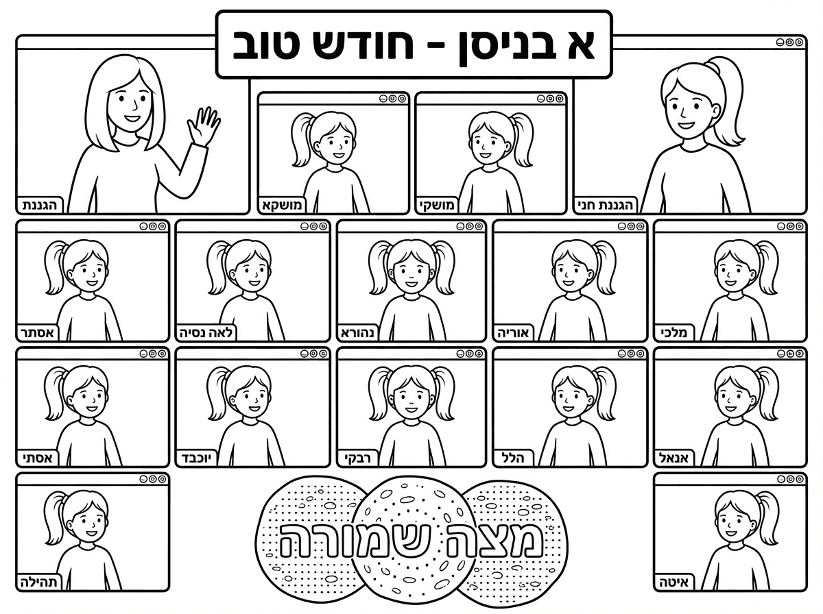 אחד רק כתוב הגננת 
אין שם ליד הגננת לגננת יש פאה חלקה עד הכתף בחלון השני של הזום
ציור של שלוש מצות עגולות
וכתוב מצה שמורה
