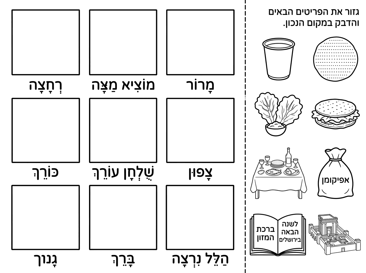 שלום. 
אני רוצה שתכין דף משימה על ליל הסדר.
יהיו 8 ריבועים.
1. רחצה
2. מוציא מצה
3. מרור
4. כורך
5. שלחן עורך
6. צפון
7. ברך
8. הלל נרצה
מתחת לכל ריבוע תכתוב את אחד מהכיתובים לפי הסדר. ותנקד את המילים.

בצד הדף יהיו 8 פריטים לגזירה
וכתוב:
גזור את הפריטים  הבאים והדבק במקום הנכון.
1.  ספל לנטילת ידיים
2.  מצה עגולה
3.  חסה טבולה בחרוסת 
4.  2 חתיכות של מצה עגולה *- חתיכות לא מצה שלימה* שבתוכם יש חסה 
5. שלחן ליל הסדר ועליו גביעים, יין מצות עגולות דגים ובשר
6. שקית מבד שכתוב עליה אפיקומן
7. הגדה פתוחה וכתוב בה ברכת המזון
8.  הגדה פתוחה וכתוב : לשנה הבאה בירושלים ומצוייר את בית המקדש
*מעל כל כיתוב יהיה ריבוע אחד ולא 8 ריבועים.*