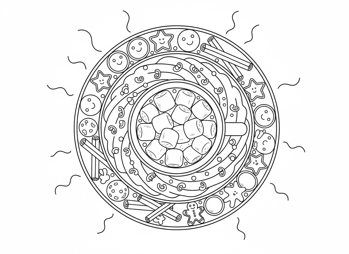 מנדלת שוקו חם - מנדלה מפנקת עם כוס שוקו חם מלמעלה, מרשמלו במרכז, טבעת מערבולת קצפת, טבעת שבבי שוקולד, טבעת מקלות קינמון, טבעת עוגיות, מערבולות קיטור בשוליים