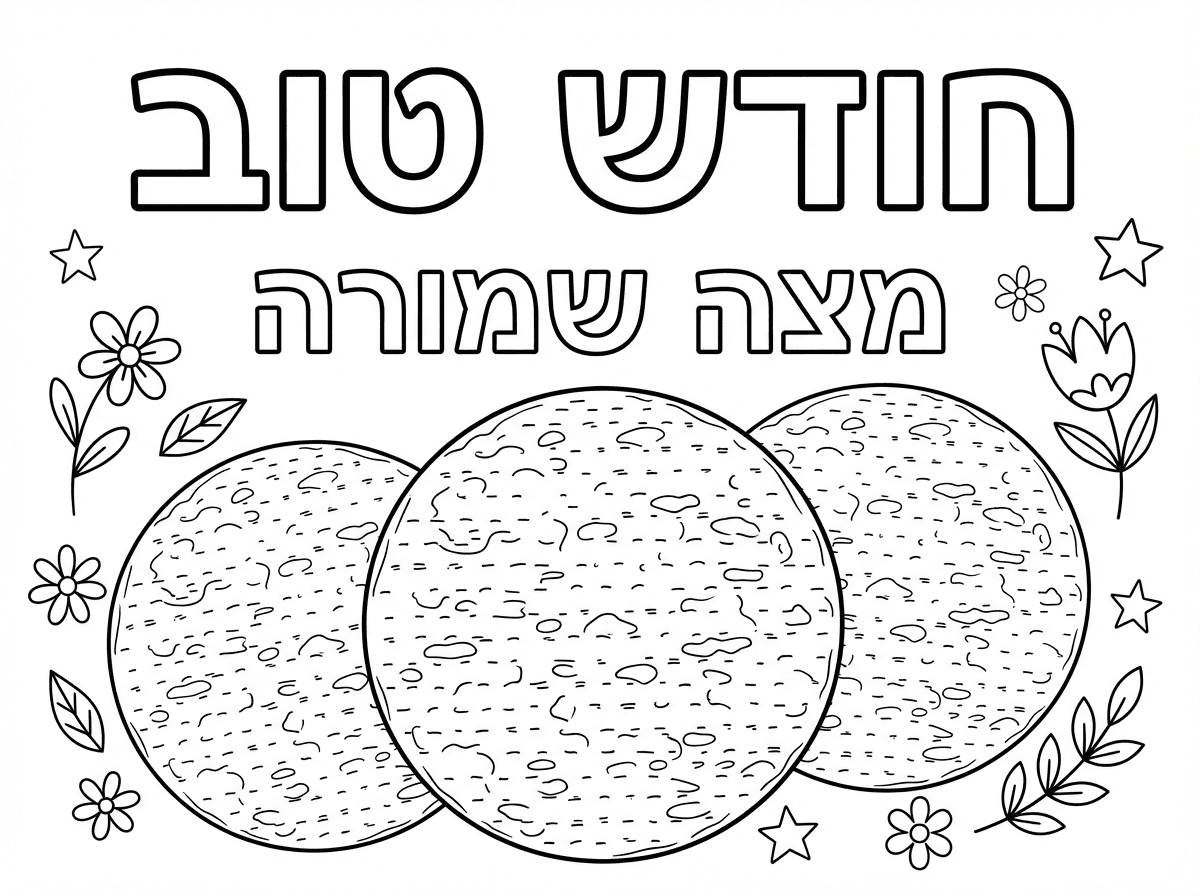 דף צביעה שחור לבן
אותיות חלולות כתוב

חודש טוב

ברקע ציורים 

של 3 מצות עגולות 
וכתוב מצה שמורה