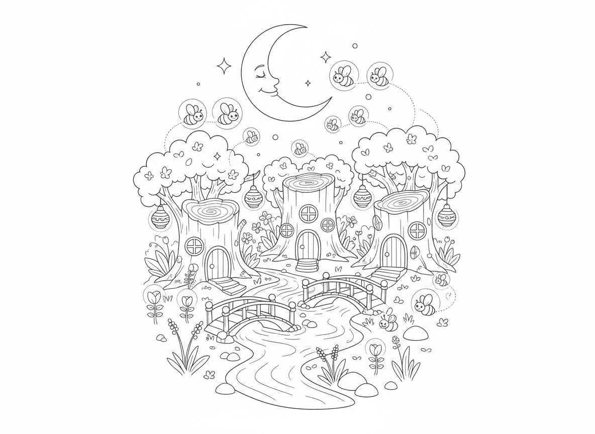 גן פיות בלילה עם גחליליות - גן פיות קסום מואר על ידי עשרות גחליליות, בתי פיות בגזעי עצים, גשרים זעירים מעל נחל, פנסים זוהרים, ירח למעלה, טיפות טל נוצצות כמו אבני חן