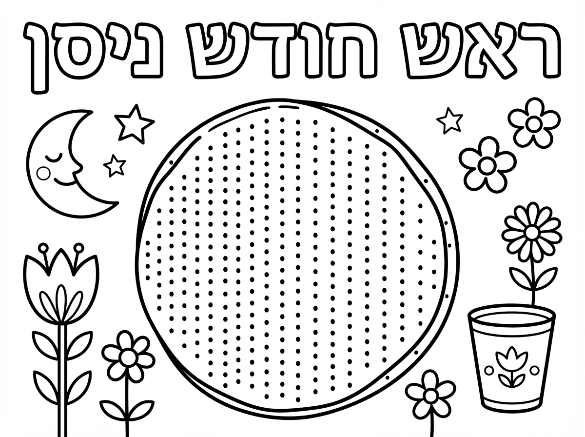 תיצור לי דף צביעה שכתוב 
ראש חודש ניסן
ויש ציור של מצה עגולה