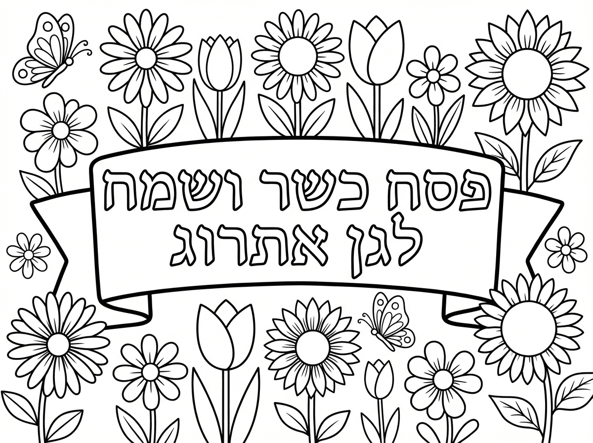 כיתוב פסח כשר ושמח לגן אתרוג עם פרחים מסביב