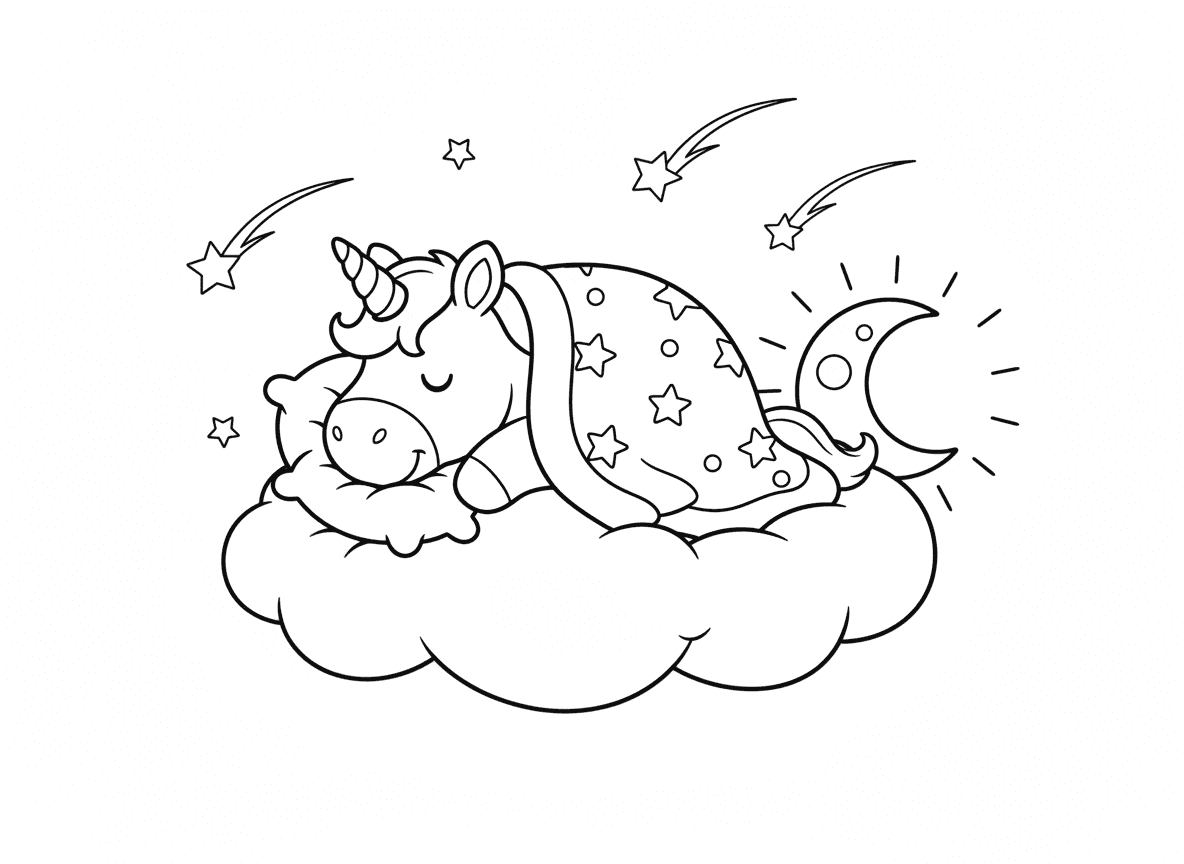 חד קרן ישן על ענן - חד קרן חמוד מכורבל ישן בשלווה על ענן רך, שמיכת כוכבים, סהר ירח כאור לילה, עננים אחרים ככריות, כוכבים נופלים, אווירה חלומית