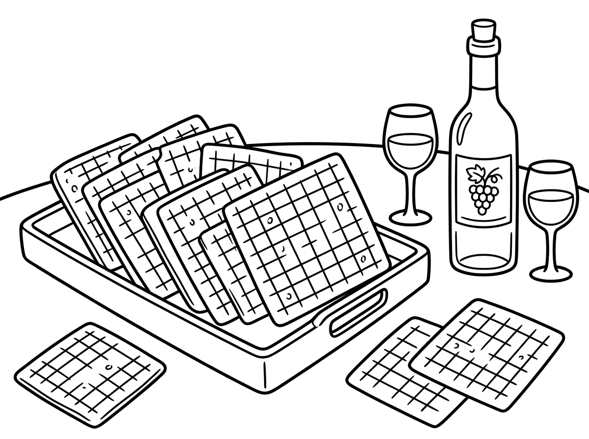 מצות מרובעות על מגש ועל שולחן עם יין וכוסות