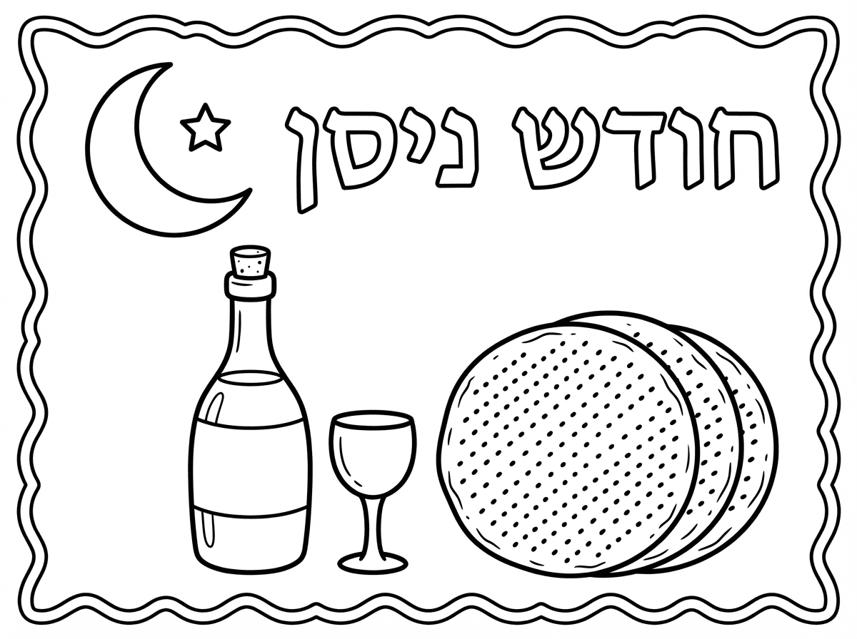 תוכל ליצור לי סמל ראש חודש ניסן שמופיע יין ו3 מצות עגולות וכתוב חודש ניסן