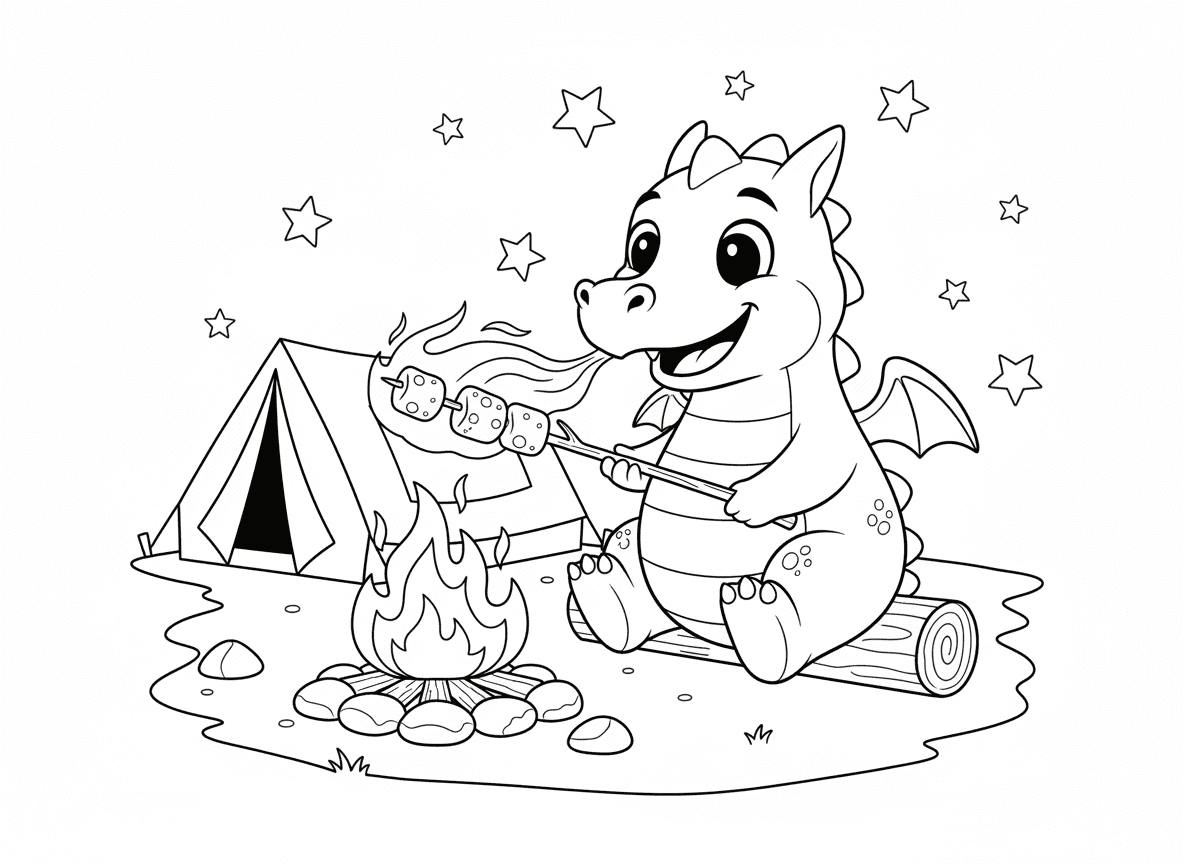 דרקון צולה מרשמלו עם נשיפת אש - דרקון חמוד צולה מרשמלו על מקל באמצעות נשיפת האש שלו, יושב ליד מדורה בלילה, כוכבים למעלה, אוהל בקרבת מקום, הבעה שמחה