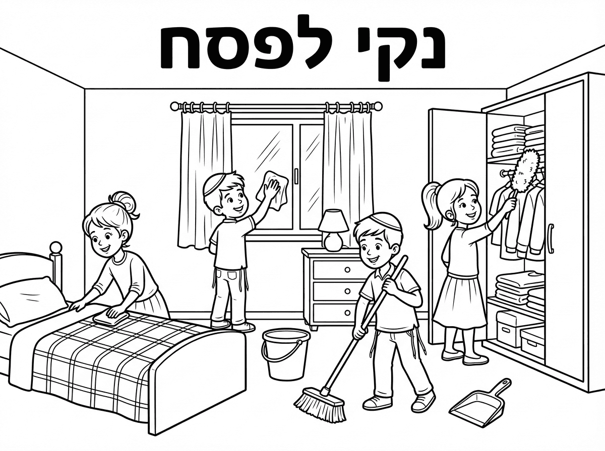 ארבעה ילדים בגיל 10, שני בנים עם כיפה ושתי בנות עם שיער אסוף, מנקים את החדר. יש בחדר מיטה ארון חלון ושידה. למעלה תוסיף כיתוב "נקי לפסח"