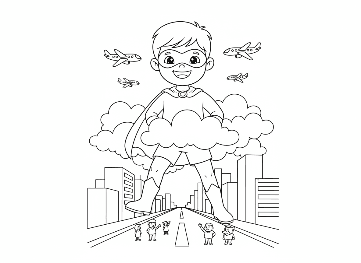 גיבור על עם כוח שינוי גודל - ילד גיבור על גדל לגודל ענק צועד מעל בניינים, רגל אחת בכל צד של הרחוב, מסתכל למטה על רשע זעיר, עננים בגובה המותניים, מטוסים בגובה העיניים, אנשים רגילים זעירים למטה