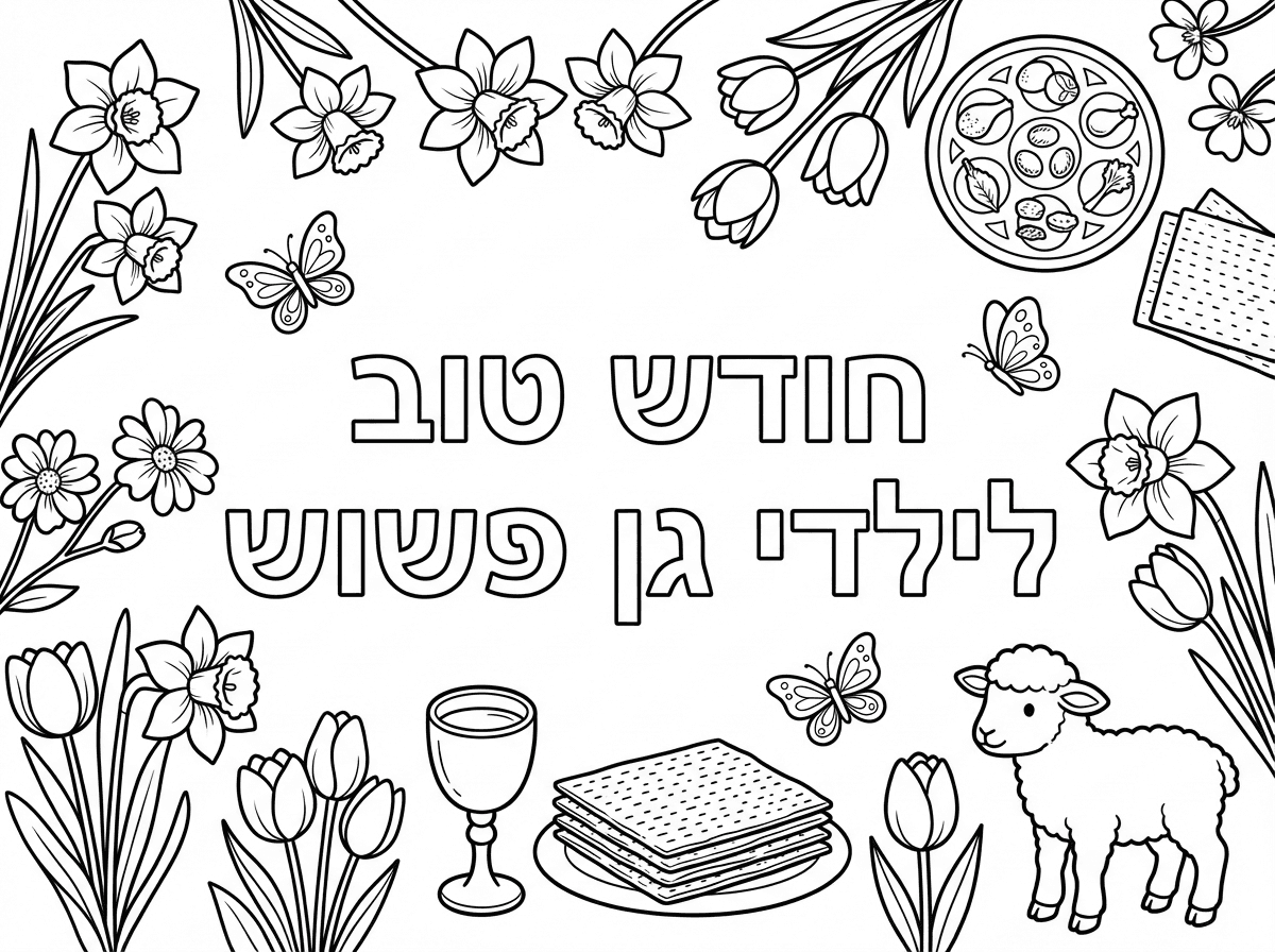 צור לי דף צביעה לילדים
מסביב פרחים של אביב ואלמנטים שמתאימים לפסח כמו מצות יין קערת ליל הסדר
ובאמצע אותיות חלולות לצביעה עם הכיתוב-
חודש טוב
לילדי גן פשוש