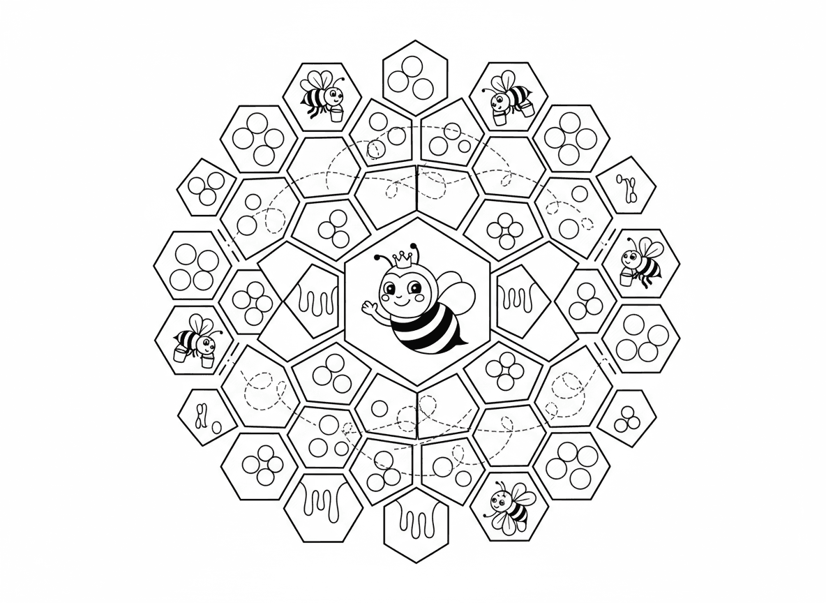 מנדלת חלת דבורים - מנדלה טבעית מבוססת על דוגמת חלת דבש, מלכת דבורים בתא מרכזי, תאים משושים מקרינים החוצה, דבורות עובדות בחלק מהתאים, דבש נוטף, אבקת פרחים בתאים, שבילי מסלול דבורים
