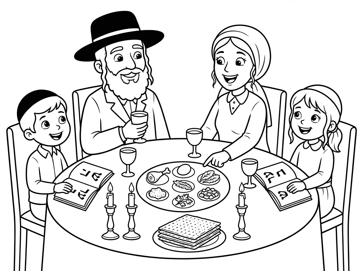 תיצור לי תמונה של משפחה חסידי סביב שולחן ליל הסדר