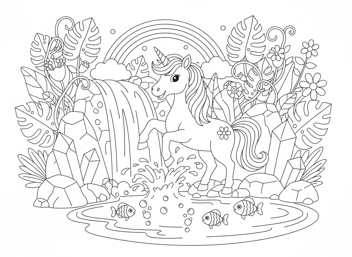 חד קרן משחק במפל מים - חד קרן מתיז בשמחה במפל מים קסום, קשת בענן בהתזת המים, קריסטלים על הסלעים, דגים זוהרים בבריכה, צמחייה ירוקה עבותה סביב