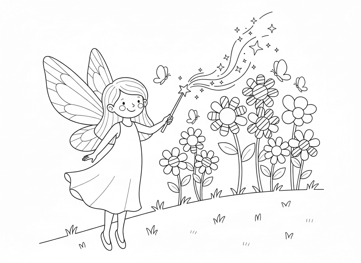 פייה צובעת פרחים בקסם - פייה משתמשת בקסם מהשרביט שלה לצבוע פרחים לבנים לצבעוניים, כל נגיעה הופכת עלי כותרת לצבע שונה, גינת פרחים חצי צבועים, ניצוצות מהשרביט