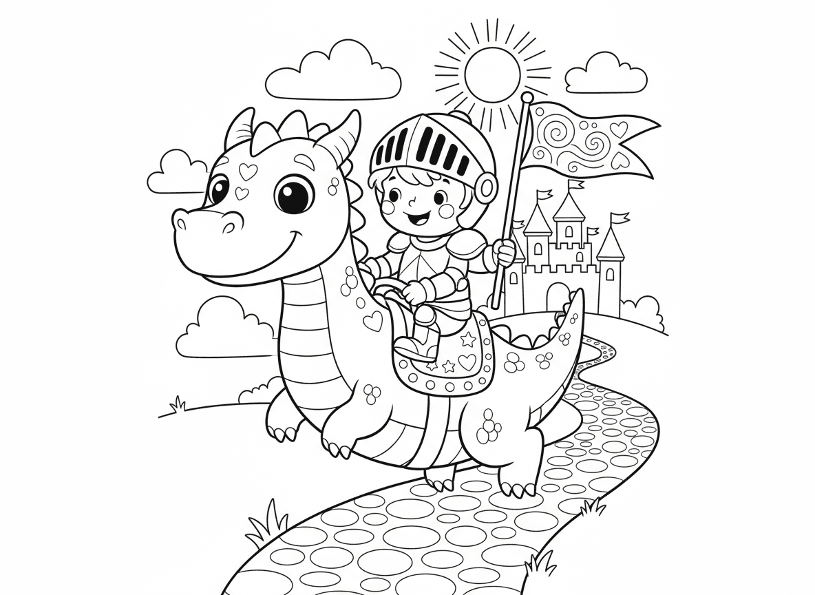 אביר דרקון יוצא להרפתקה - ילד אביר קטן רוכב על דרקון ידידותי להרפתקה, האביר מחזיק דגל, דרקון עם אוכף מעוטר, טירה מאחוריהם, שביל מתפתל לפניהם