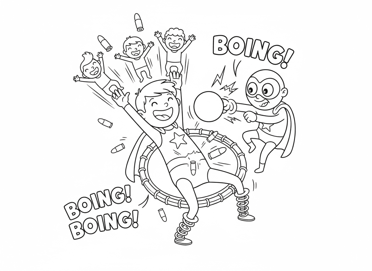 גיבור על עם גוף טרמפולינה אלסטי - ילד גיבור על שהגוף שלו עובד כמו טרמפולינה, מכות הרשע קופצות חזרה, כדורים קופצים מהבטן, גוף קפיצי אלסטי תופס אנשים נופלים, אפקטי קול בוינג, תנוחה קפיצית, חיוך גומי