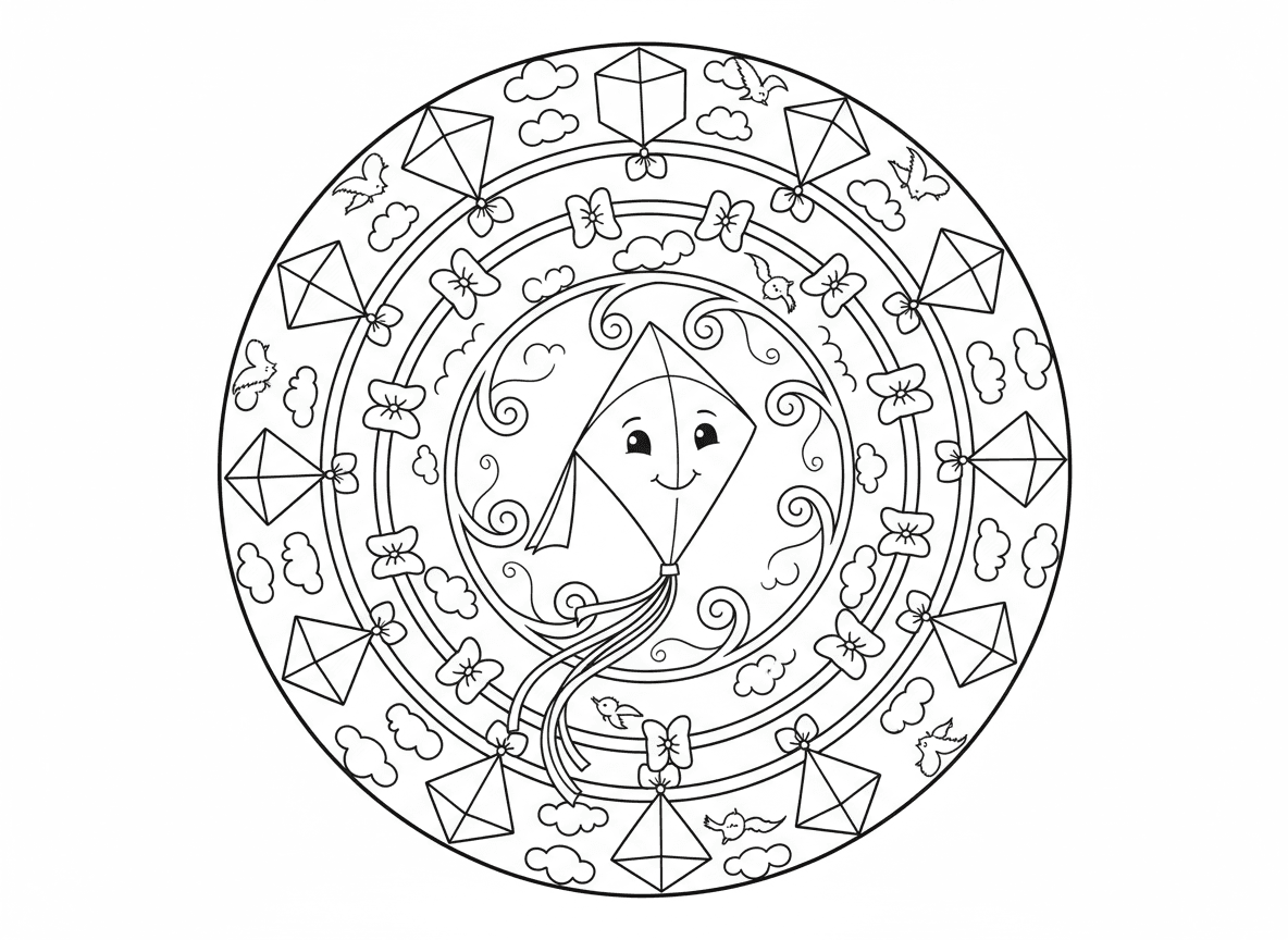 מנדלת עפיפונים - מנדלה בנשיבת רוח עם עפיפון במרכז, זנבות עפיפונים מסתלסלים בעיגולים יוצרים טבעות מנדלה, צורות עפיפונים שונות בכל טבעת, פפיונים על זנבות, עננים, מערבולות רוח, ציפורים בין עפיפונים