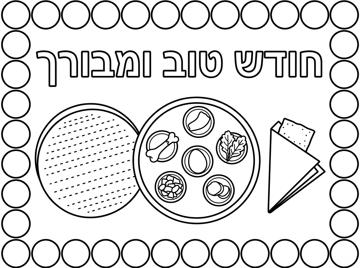 תכין לי דף עבודה עם הכיתוב חודש טוב ומבורך עם סמלי חג הפסח עם מסגרת עיגולים להדבקת דבקיות