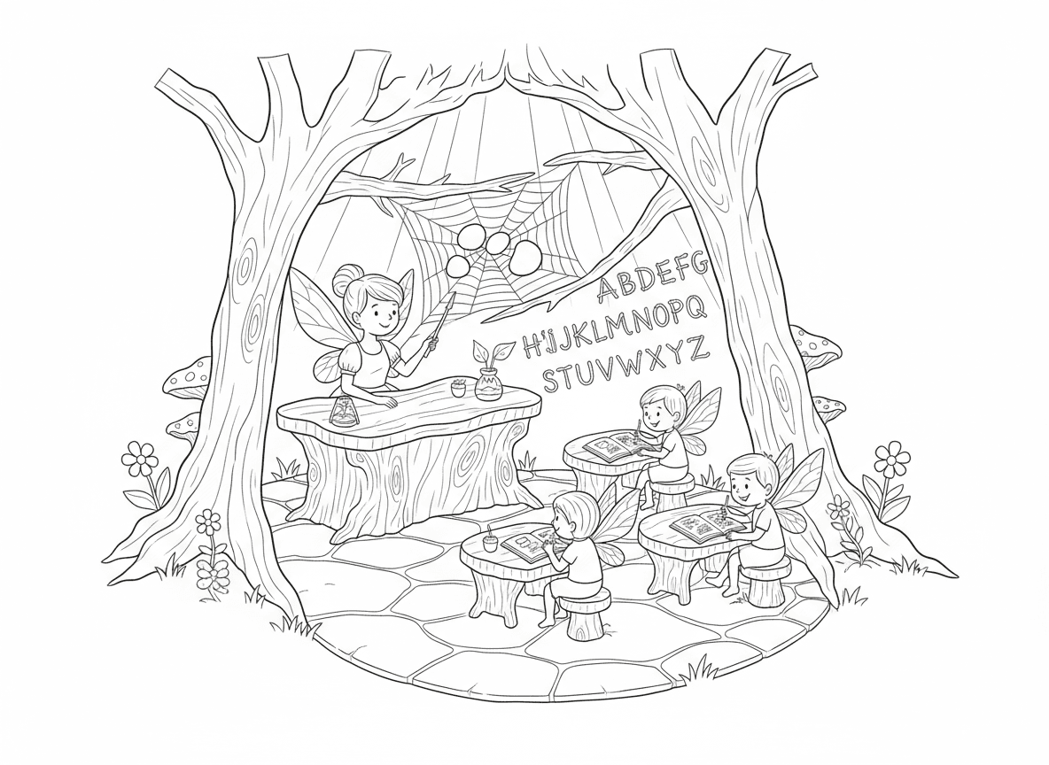 בית ספר לפיות בתוך חלל עץ - בית ספר לפיות בתוך חלל עץ גדול, פייה מורה ליד שולחן קליפת עץ, פיות תלמידות בשולחנות בלוטים, אלף-בית מענפים על הקיר, לוח קורי עכביש, מחברות עלים