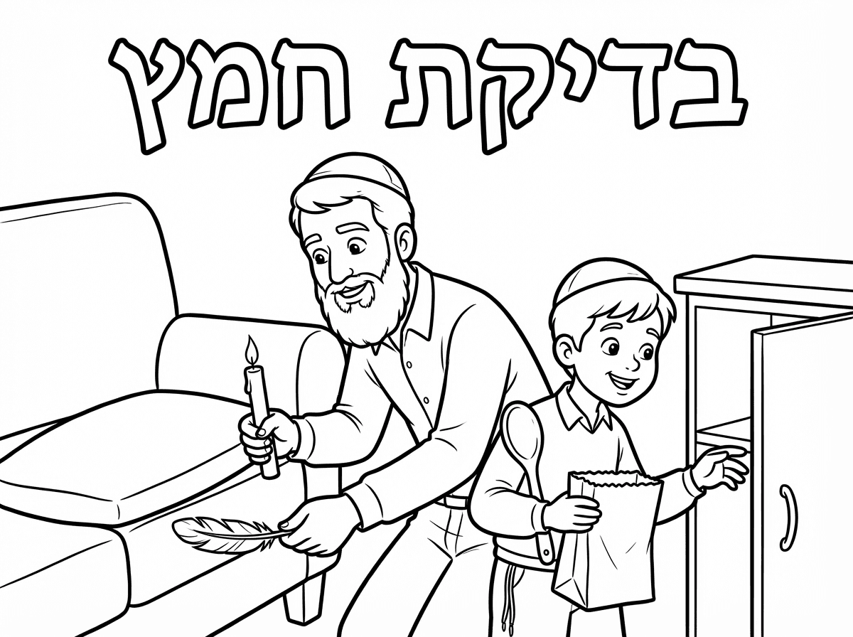 דף צביעה של אבא  בודק חמץ יחד עם ילדו בעברית
