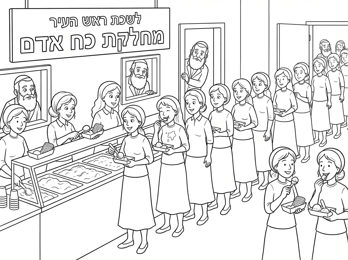 העובדות צריכות להיות מנהלות חשובות, הוופל בלגי צריך להיות בתוך קרטון צר וארוך כמו מגש מלבן
את הכיתוב של לשכת ראש העיר ומחלקת כח אדם תכתוב בשפת העברית.
הגברים צריכים להיות עם כיפה ללא כובעים וללא סרבלים
שיראו רבנים עם זקן