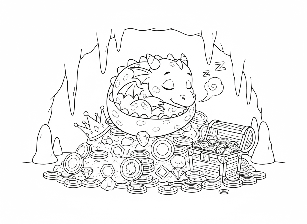 דרקון ישן על ערימת אוצרות - דרקון חמוד ישן בשלווה מכורבל על ערימה גדולה של אוצרות, מטבעות זהב, אבני חן, כתר, ארגז אוצרות, מערה עם נטיפים, נוחר פיסות להבה קטנות