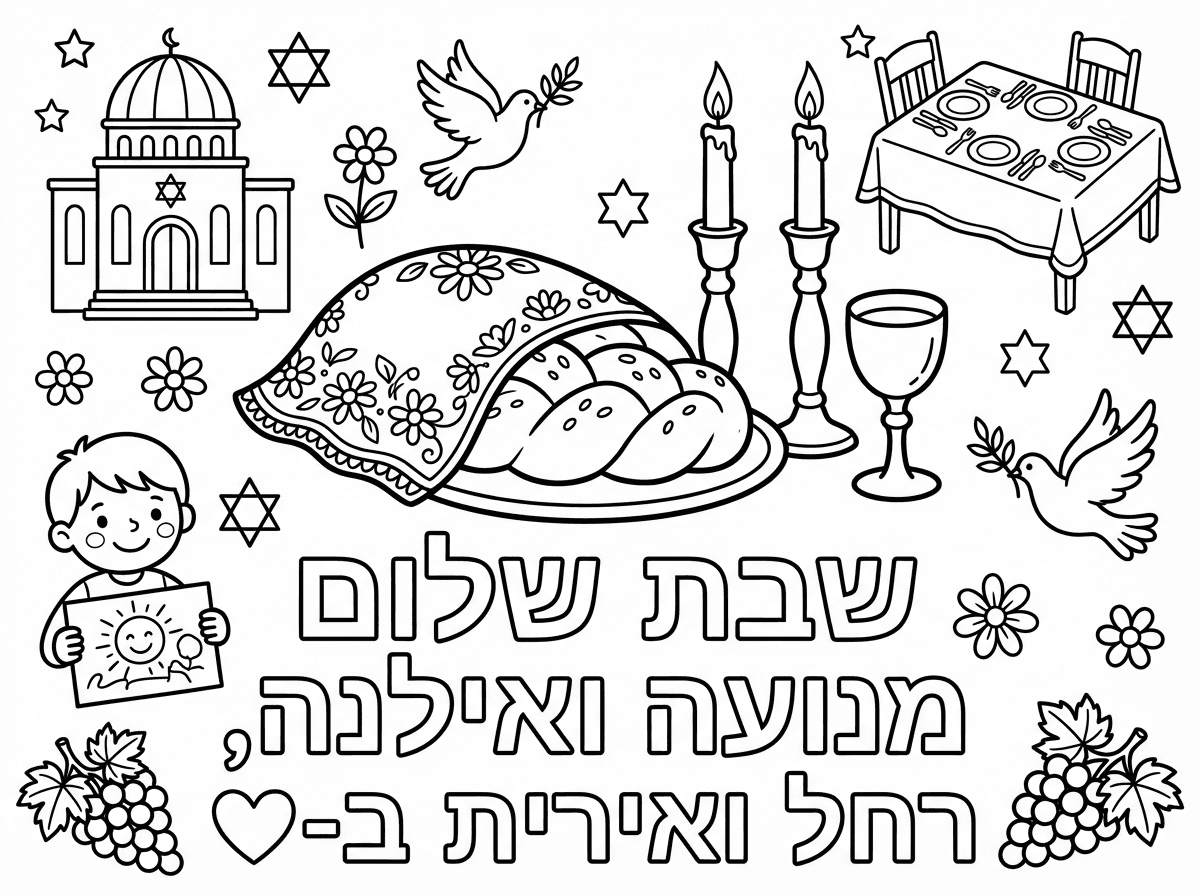 תיצור דף צביעה לשבת 
ולמטה באותיות חלולות לכתוב שבת שלום מנועה ואילנה , רחל ואירית ב-❤️