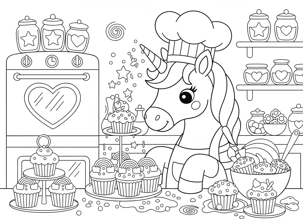 חד קרן אופה קאפקייקס - חד קרן במאפייה עם כובע שף, מקשט קאפקייקס עם הקרן שמפזרת ציפוי קסום, קאפקייקס צבעוניים, סוכריות בכל מקום, מטבח נעים