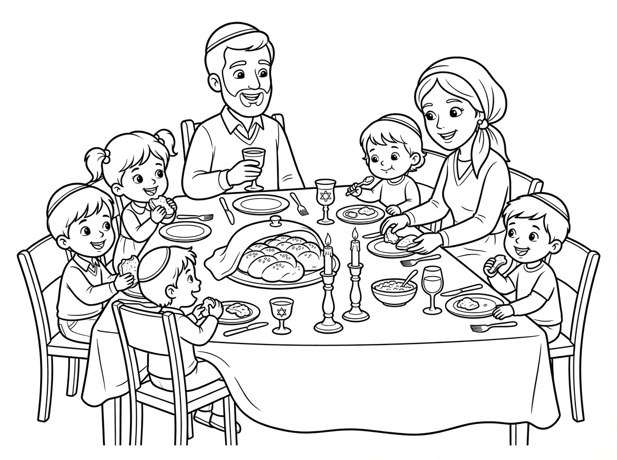 אבא עם כיפה ואמא עם מטפחת וחמישה ילדים קטנים אוכלים בשולחן שבת