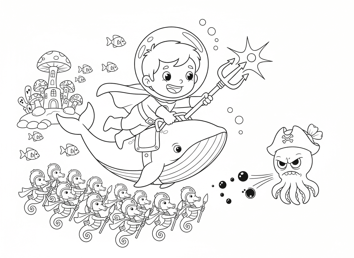 גיבור על תת-ימי עם קלשון - ילד גיבור על שוחה מתחת למים עם קלשון זוהר, מפקד על יצורי ים לעזור, לווייתן כתחבורה, צבא סוסוני ים, עיר שונית אלמוגים להגן, רשע דיונון עם פצצות דיו, קסדת בועות