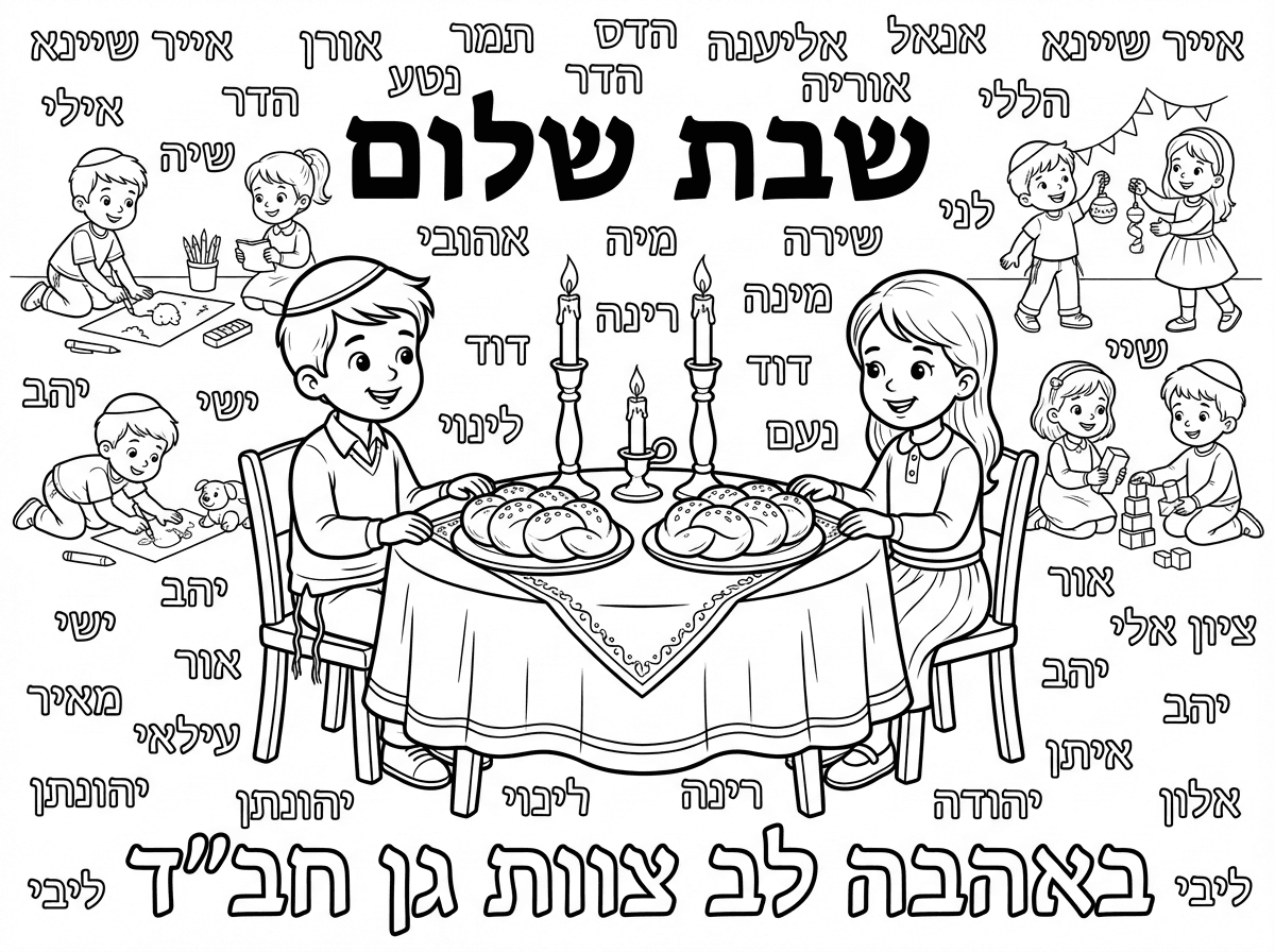 תודה ועכשיו אני רוצה דף שרשום עז שבת שלום
עם שלחן שבת בקבלת שבת בגן עם ילד עם כיפה וציצית וילדה צנועה על השולחן חלות ו2 נרות גדולים ונר 1 קטן ומסביב מפוזר שמות של ילדי הגן 
אייר שיינא
אורן
תמר 
הדס
אליענה
אנאל
אילה
אוריה
נטע
הדר
הללי
שיה
 שירה
לני
מיה
רינה
אהובי
לינוי
דוד 
נועם
יהב
ישי
שי
אור
אורי
ציון אלי
מאיר
עילאי
יהב
איתן
יהונתן
יהודה 
אלון
ליבי

ןלמטה באהבה לב צוות גן חב"ד
