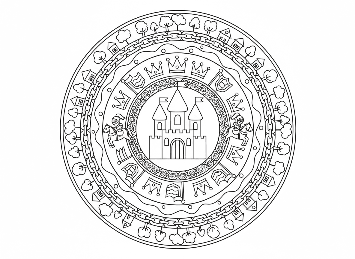 מנדלת טירה - מנדלת אגדות עם מגדל טירה במרכז, מוקפת בטבעות מגינים, חרבות, כתרים, דרקונים, אבירים, דגלים, דוגמאות שרשרת גשר מרים, טבעת מים חפיר, גבול ממלכה