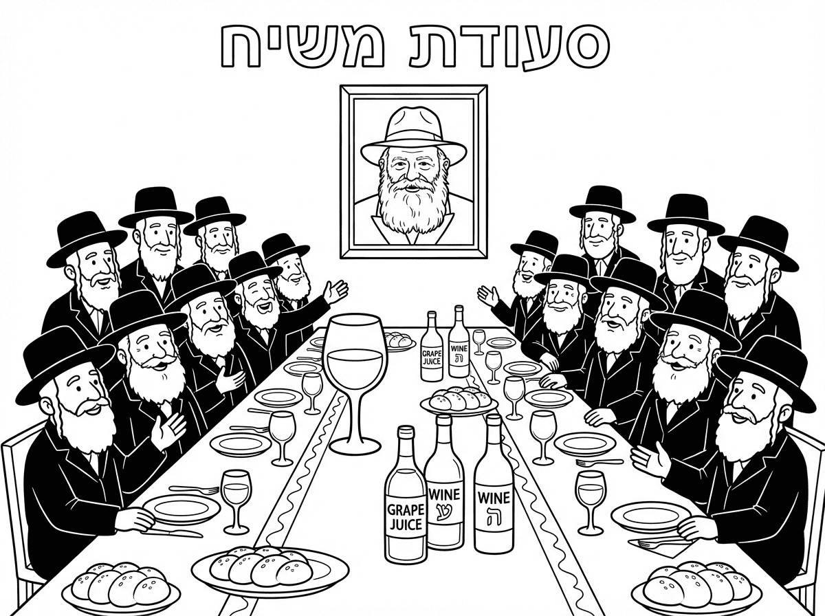 לרשום סעודת משיח
ציור של שולחן ארוך עם התמונה של הרבי מליובביץ' וחסידים יושבים לידו. ועל השולחן כוס של יין בלי רגל, מיץ ענבים, יין, כמה בקבוקי יין, ארבע כוסות בלי רגל, מפה על השולחן, ומסביב הרבה הרבה הרבה חסידים. לרשום סעודת, סעודת משיח. סעודת משיח. תודה.