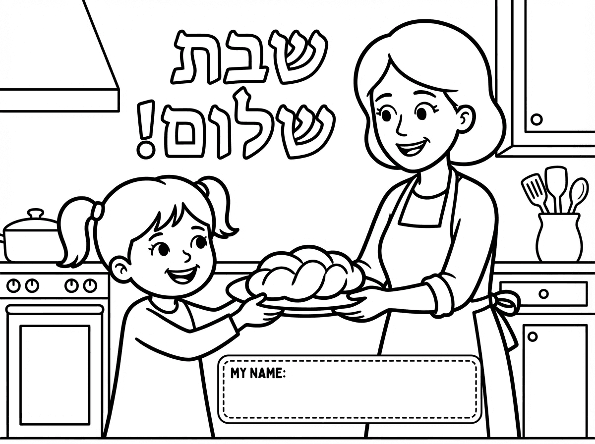 אשמח לדף צביעה ילדה אחת מתוקה שעוזרת לאמא .
עם מקום לכתוב שם פרטי .
להוסיף למעלה שבת שלום !