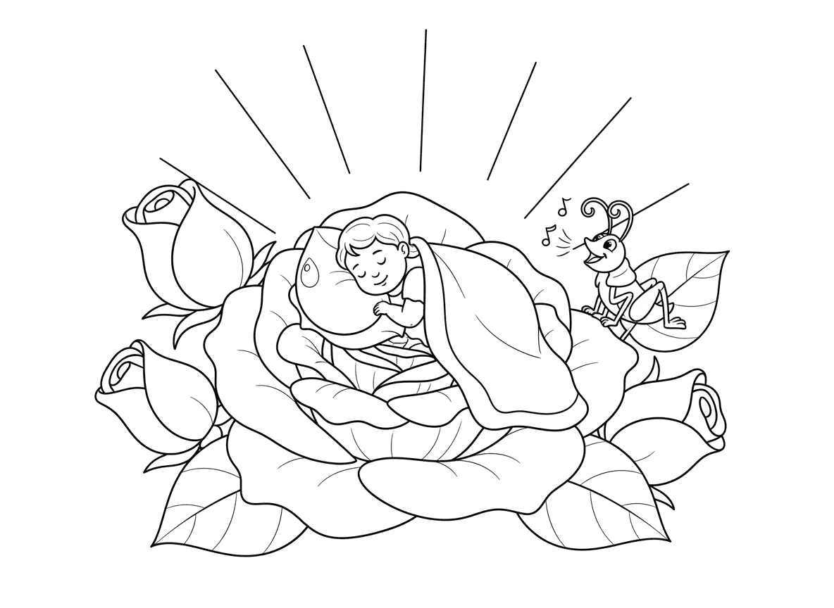 פייה ישנה בתוך פרח - פייה זעירה מכורבלת ישנה בתוך ורד גדול שמשמש כמיטה, שמיכת עלי כותרת, כרית טיפת טל, אור ירח זורם פנימה, פרחים סגורים אחרים כשכנים, צרצר שר