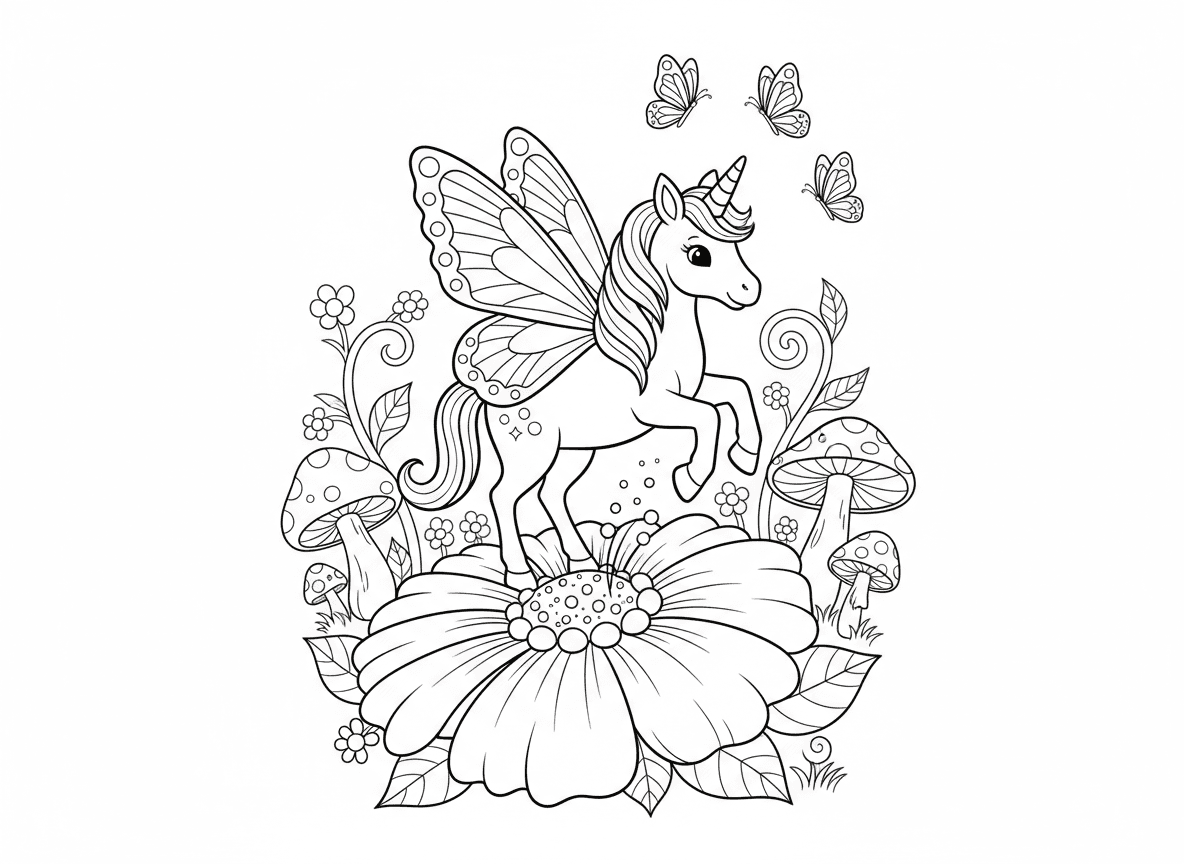 חד קרן עם כנפי פרפר - חד קרן קסום עם כנפי פרפר יפהפיות במקום כנפיים רגילות, נוחת על פרח ענק, אבקה נוצצת, פרפרים אחרים עוקבים, גינה קסומה