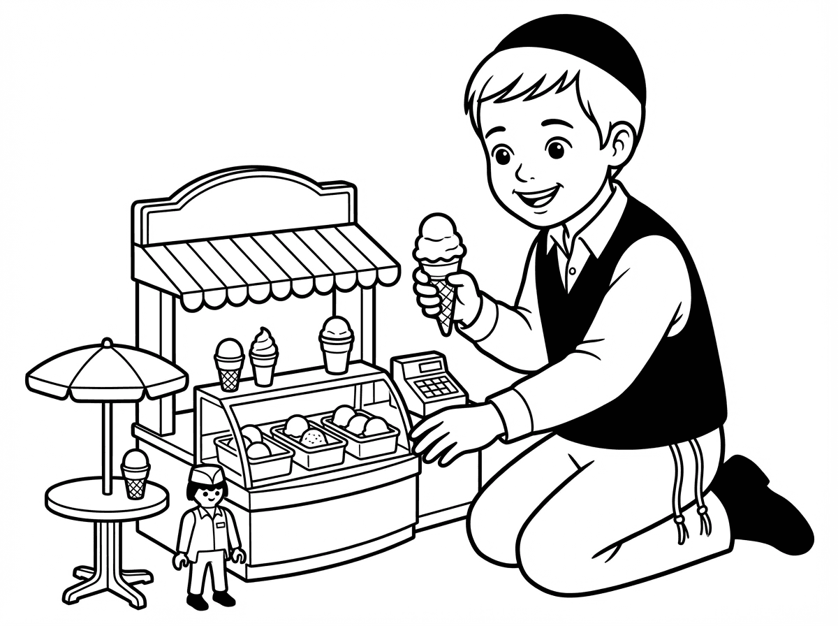 ילד חרדי משחק בפליימוביל של חנות גלידה