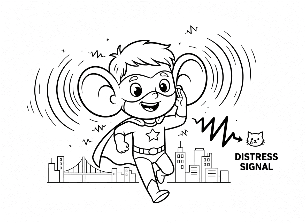 גיבור על עם סופר שמיעה - ילד גיבור על עם אוזניים ענקיות וסופר שמיעה, שומע חתלתול בוכה קילומטרים משם, גלי קול נראים מכל הכיוונים, יד מקופלת לאוזן, רעשי עיר מסוננים, אות מצוקה מזוהה, רץ לעזור