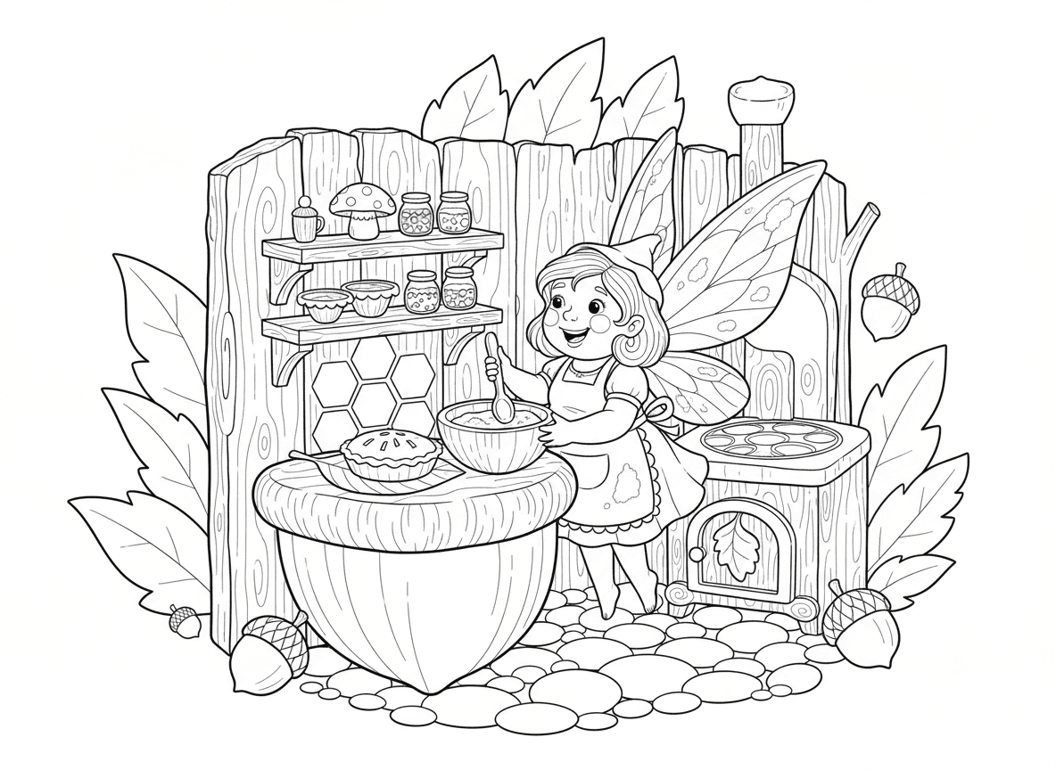 פייה אופה במטבח בלוטים - פייה אופה במטבח זעיר עשוי בלוטים וקליפת עץ, תנור כיריים עץ, פאי פירות יער על הדלפק, כנפיים מאובקות קמח, קערות ערבוב פטריות, מדפי חלת דבש