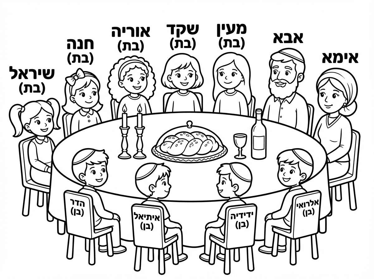צור תמונה של שולחן שבת
עם נרות שבת,  חלות ויין
שהבנות יהיו בלי כיפה.
מעל כל ילד יהיה כתוב-
עם בת בשם- שיראל 
עם בת בשם- חנה
עם בת בשם- אוריה
עם בת בשם-שקד
עם בת בשם- מעין
עם בן בשם- הדר 
עם בן בשם- איתיאל  
עם בן בשם- ידידיה
עם בן בשם -אלרואי  
ואבא ואימא
מובן?