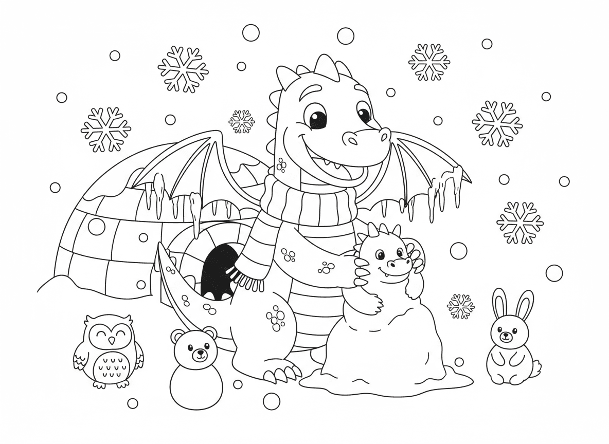 דרקון משחק בשלג - דרקון בונה דרקון שלג במקום בובת שלג, עונד צעיף, שלג יורד, נטיפי קרח על הכנפיים, יצורי שלג אחרים סביב, איגלו ברקע, חיוך גדול