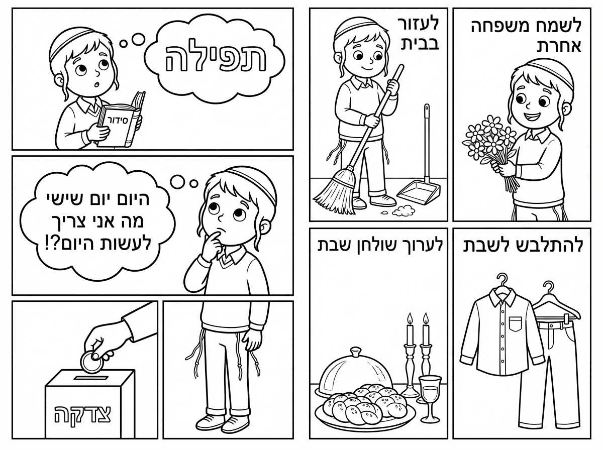 ילד 
עם כיפה חלקה
חולצה לבנה
מכנס כחול כהה חוטי ציצית

הכל בבנים

תפילה רק המילה תפילה עם סידור 

יש על הפה חושב
היום יום שישי
מה אני צריך לעשות היום?!

צדקה
המילה צדקה עם יד עם מטבע וקופת צדקה

לעזור בבית הילד עם המטאטא

לשמח משפחה אחרת
הילד מחזיק  פרחים

להתלבש לשבת ציור חולצה מכופתרת ומכנס שחור

לערוך שולחן שבת
ציור שולחן חגיגי
עם שתי חלות מפית ושתי נרות לא דלוקים