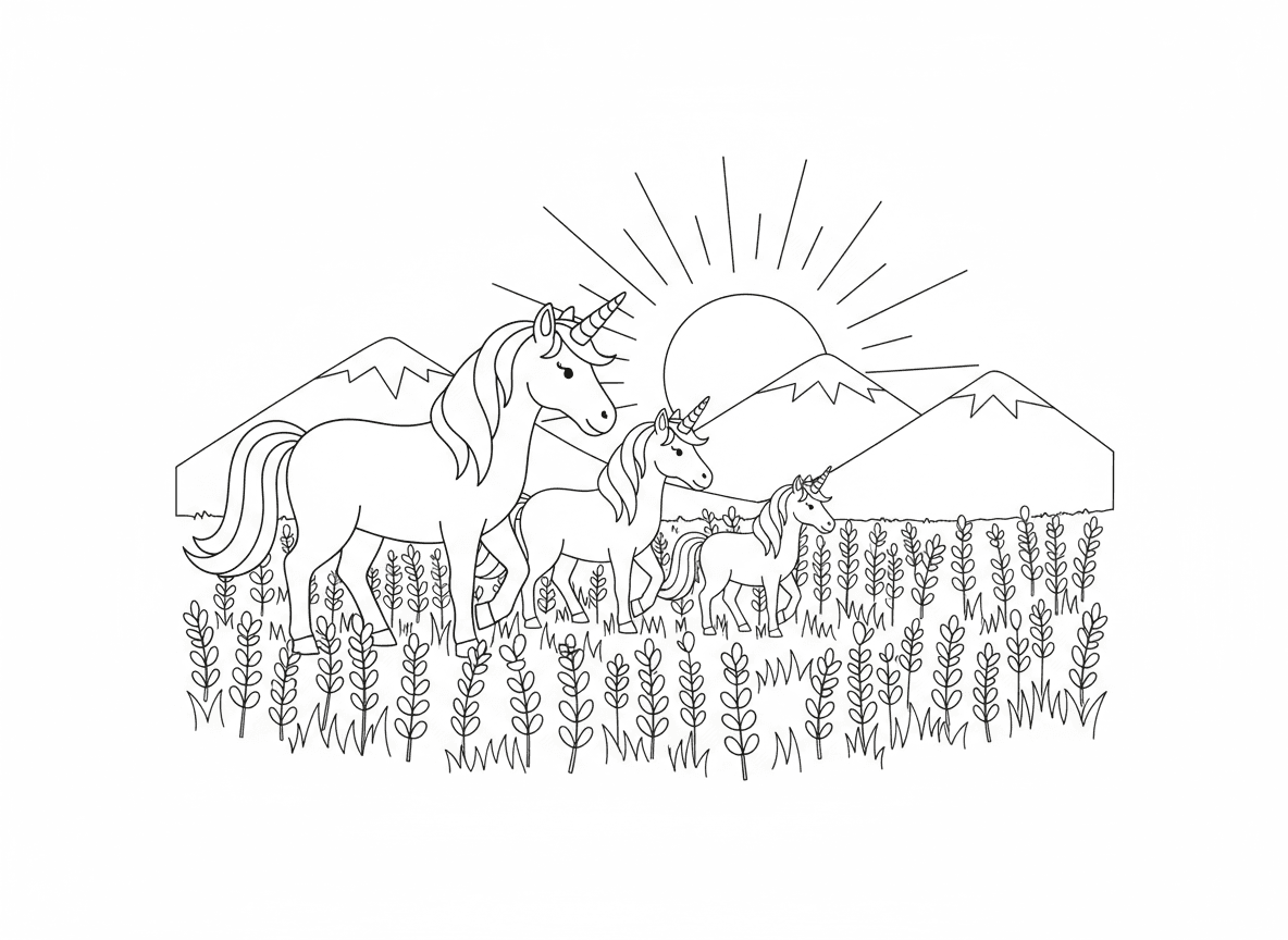 משפחת חד קרן בשקיעה - משפחת חד קרן - אמא, אבא ושני חד קרן תינוקות הולכים יחד בשקיעה, צללית מול שמיים כתומים, שדה לבנדר, הרים במרחק