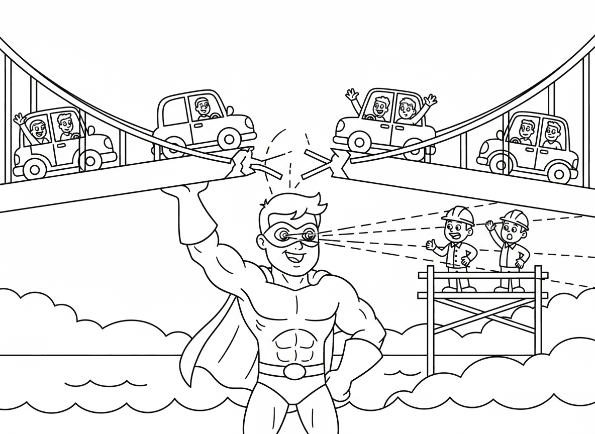 גיבור על מתקן גשר שבור - ילד גיבור על חזק מחזיק גשר שבור ביד אחת בזמן שמכוניות נוסעות בבטחה, מרתך עם עיני לייזר לתקן, פועלי בניין נדהמים, נהר למטה, נהגים אסירי תודה מנופפים